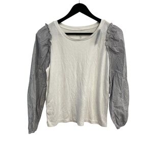 LOFT White Top with Blue Striped Sleeves